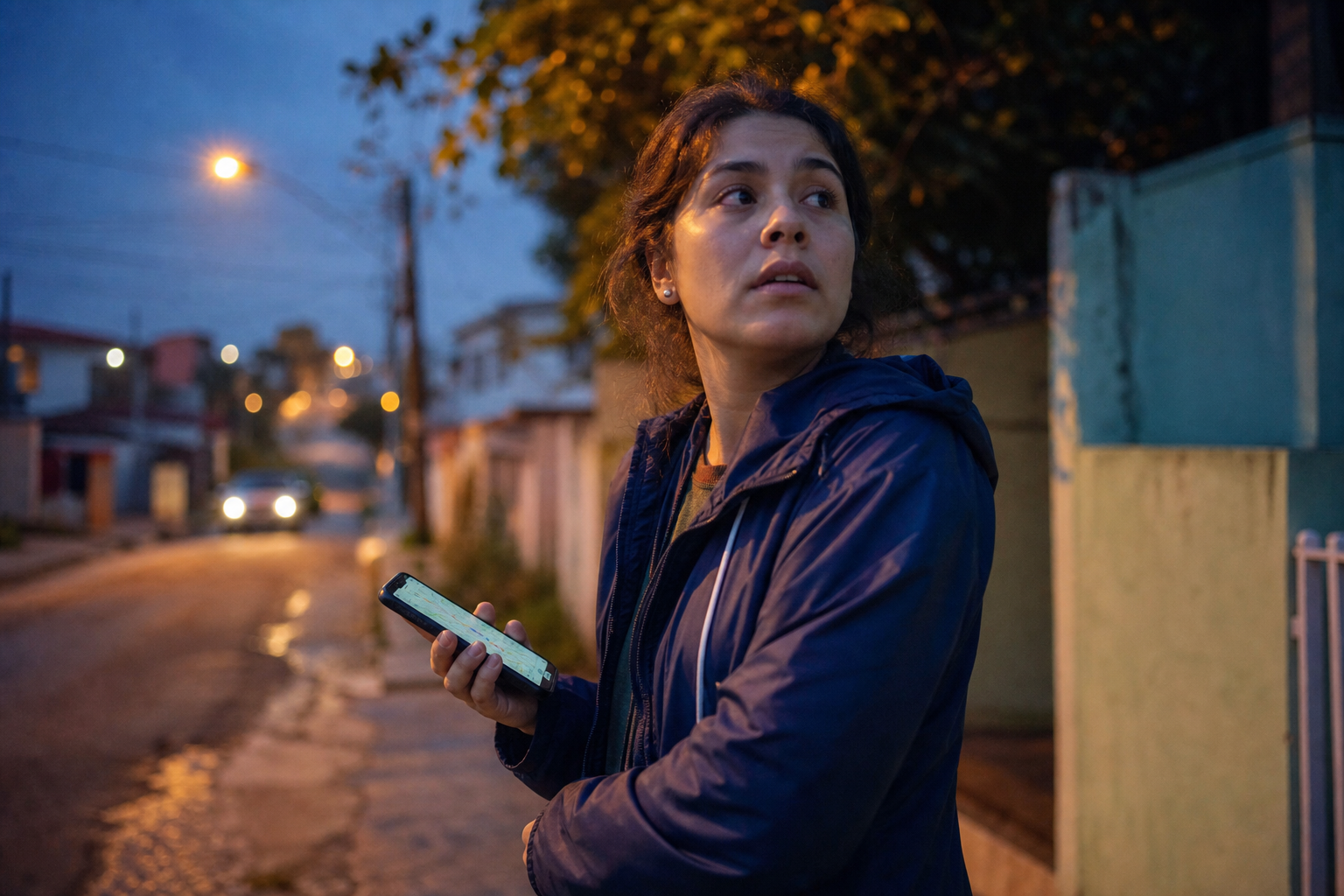 Tutora procurando seu pet à noite com o mapa do BuscaPet no celular